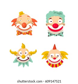 Clown faces vector isolated icons set. Cartoon circus funny comic man or character in color wig with expression sad and happy smile or crying for birthday party on confetti background