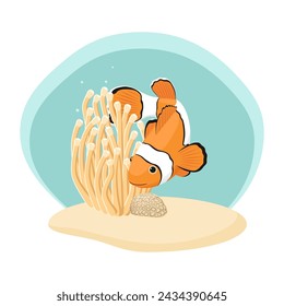 Clown fish and anemone on a blue background, reef fish, vector illustration for your design.