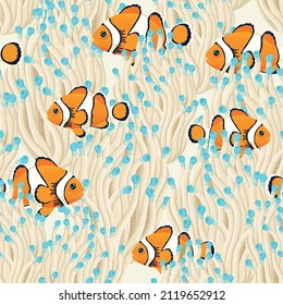 Clown fish and anemone vector seamless pattern