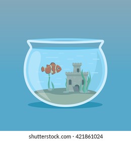 Clown Fish in an aquarium with algae and castles underwater. Vector illustrations