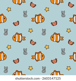 Clown fish cartoon so cute. On seaweed starfish crab background. Pattern seamless vector illustration. 