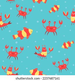 Clown fish and crabs, marine and underwater animals living in the sea or ocean. Aquarium species and bubbles of water, Seamless pattern or wallpaper, background or print. Vector in flat style
