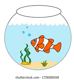 Clown fish in a fishbowl  illustration. Cartoon character in  vector
