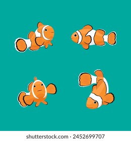 Clown fish isolated on green background, reef fish, vector illustration.