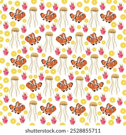 clown fish, jellyfish with food as a pattern background