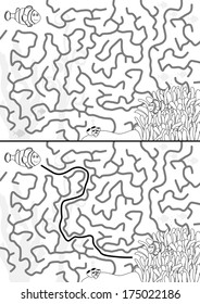 Clown fish maze for kids with a solution in black and white