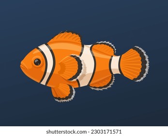 El pez payaso sobre la ilustración vectorial de fondo azul aislado sobre fondo blanco. Pescado de acuario tropical brillante. Pescado de mar de color naranja con rayas blancas y negras. Vector de material.