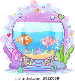 The clown fish play with his friends inside the aquarium of illustration