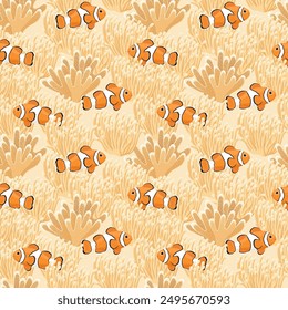 Clown fish, sea anemones and corals on the sea vector seamless pattern.