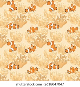 Clown fish, sea anemones and corals on the seabed, vector seamless pattern.