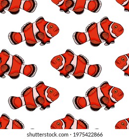 Clown fish seamless pattern. Hand drawn vector fish. Sea, river or ocean fish. Design for fishing catch or fisher sport club. Fish market, menu seafood. Design template, banner