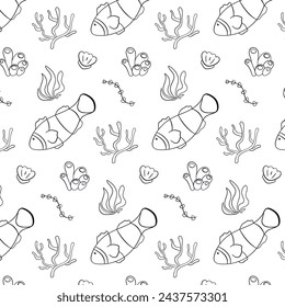 Clown fish seamless pattern in line art style. Undersea life design with coral, fish, seashell and seaweed. Vector illustration on a white background.