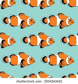 Clown fish seamless pattern. SKetch clown fish