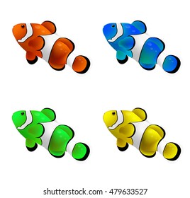 Clown fish set isolated on white background. Vector illustration