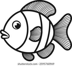 A clown fish with a smile on its face. Coloring pages. Template page for coloring book of funny sea fish for kids.