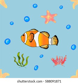 Clown Fish with starfish, algae and corals vector illustration seamless pattern