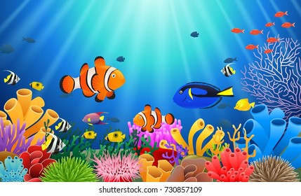 Clown Fish Under The Sea. Vector Illustration