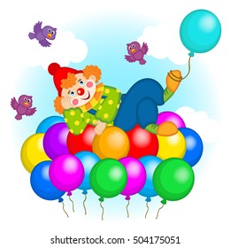 clown flying on balloons - vector illustration, eps
