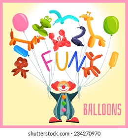 Clown with funny balloon animals circus background vector illustration