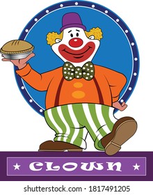 A clown gets ready to toss a pie.