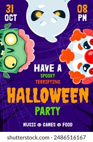 Clown, ghost and zombie, Halloween characters on party flyer, cartoon vector background. Halloween trick or treat holiday party and horror night entertainment with boo ghost, zombie monster and cobweb