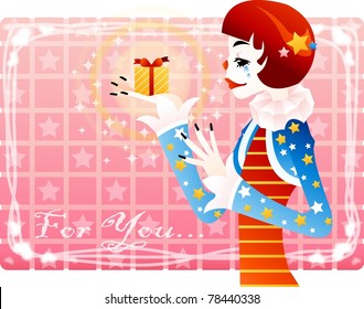 Clown and Gift Box - un intérprete lindo juega fantástico espectáculo mágico y mirando el presente amarillo brillante en su mano sobre fondo rosa con el patrón de estrella y marco de línea: ilustración vectorial