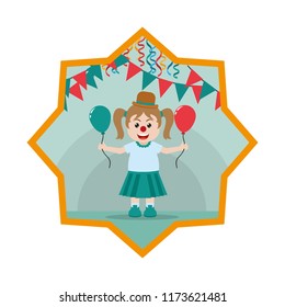 clown girl with balloon and party flags inside star