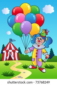 Clown girl with balloons near tent - vector illustration.