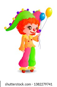 A clown girl with colorful balloons in her hand.
