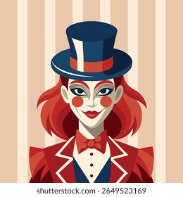 Clown girl with red hair and top hat. Circus style portrait. Illustration.