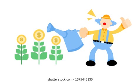 clown and gold coin money farm plant cartoon doodle vector illustration flat design