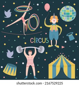 clown, gymnast on the rope, weightlifter and circus attributes on dark background. vivid design for banner or flyer entertainment show 