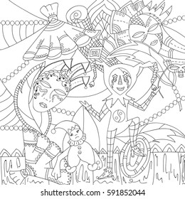 Clown harlequin. Circus performance. Festive masquerade. Scene with puppets. Freehand sketch. Black outline on a white background. Book coloring.