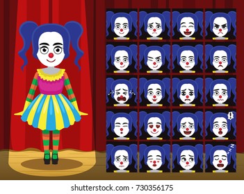 Clown Harlequin Girl Costume Cartoon Emotion faces Vector Illustration