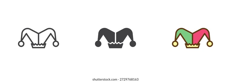 Acessório de fantasia de chapéu de palhaço conjunto de ícones de estilo diferente. Ícone colorido de linha, contorno sólido e preenchido para circo ou aparência de festa. Sinal vetorial de headwear engraçado e ícone de símbolo.