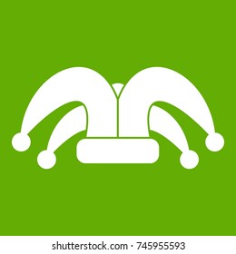 Clown hat icon white isolated on green background. Vector illustration