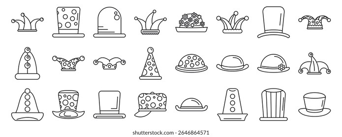  Clown hat icons set. Collection of jester hats showcasing various styles, designs, and decorations, ideal for costumes, parties, and festive occasions