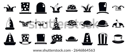 Clown hat icons set. Collection of comical hats representing various humorous professions, bringing laughter and entertainment to audiences