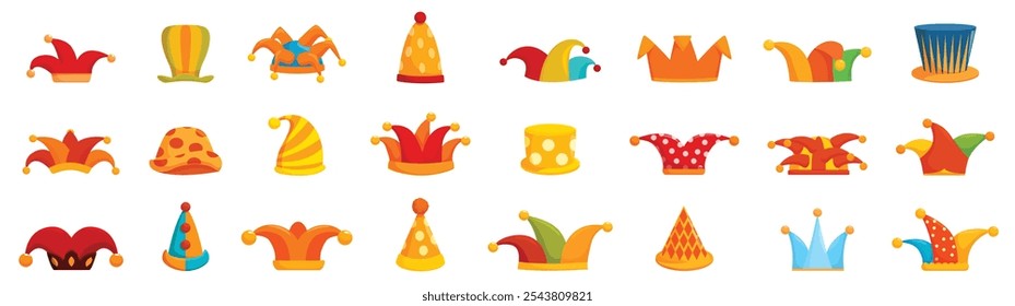 Clown hat icons set. Vibrant collection of jester hats and crowns in various colors and designs, perfect for celebrations and festive occasions