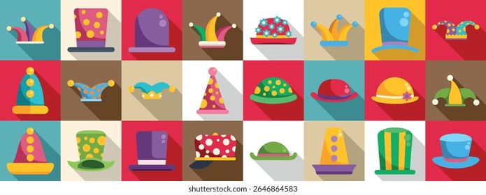  Ícones de chapéu de palhaço definidos. Ampla variedade de chapéus e bonés, adequados para festas, celebrações e ocasiões festivas, adicionando um toque de diversão e capricho
