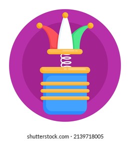 Clown hat with spring, joker box flat round icon

