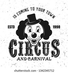 Clown head black emblem, label, badge or logo in vintage style for circus show isolated on white background