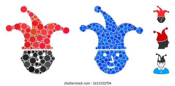 Clown head composition of small circles in various sizes and color tints, based on clown head icon. Vector small circles are composed into blue composition.
