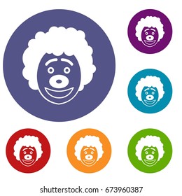 Clown head icons set in flat circle reb, blue and green color for web