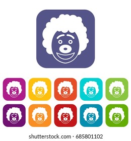 Clown head icons set vector illustration in flat style in colors red, blue, green, and other