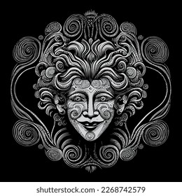 clown head illustration features exaggerated facial features and whimsical expressions, often used in circus or children's party themes	
