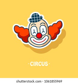 Clown head vector icon. Fun cute smile mask face isolated on yellow. Circus carnival cartoon art illustration. Color Sticker, birthday party poster, banner, card, web site, modern trendy flat style