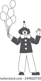 Clown hold balloons bunch. Amusement park mascot