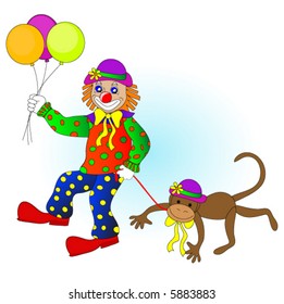Clown holding balloons with a pet monkey on a leash, vector.