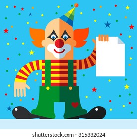 Clown   holding blank sheet of paper. Flat vector illustration